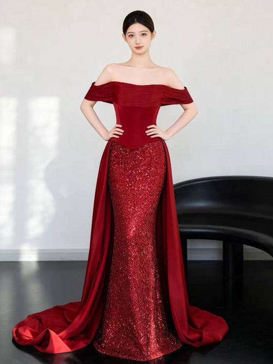 Elegant Prom Dresses Mermaid Off The Shoulder Red Corset Fitted Evening Long Formal Party Outfits RB3729