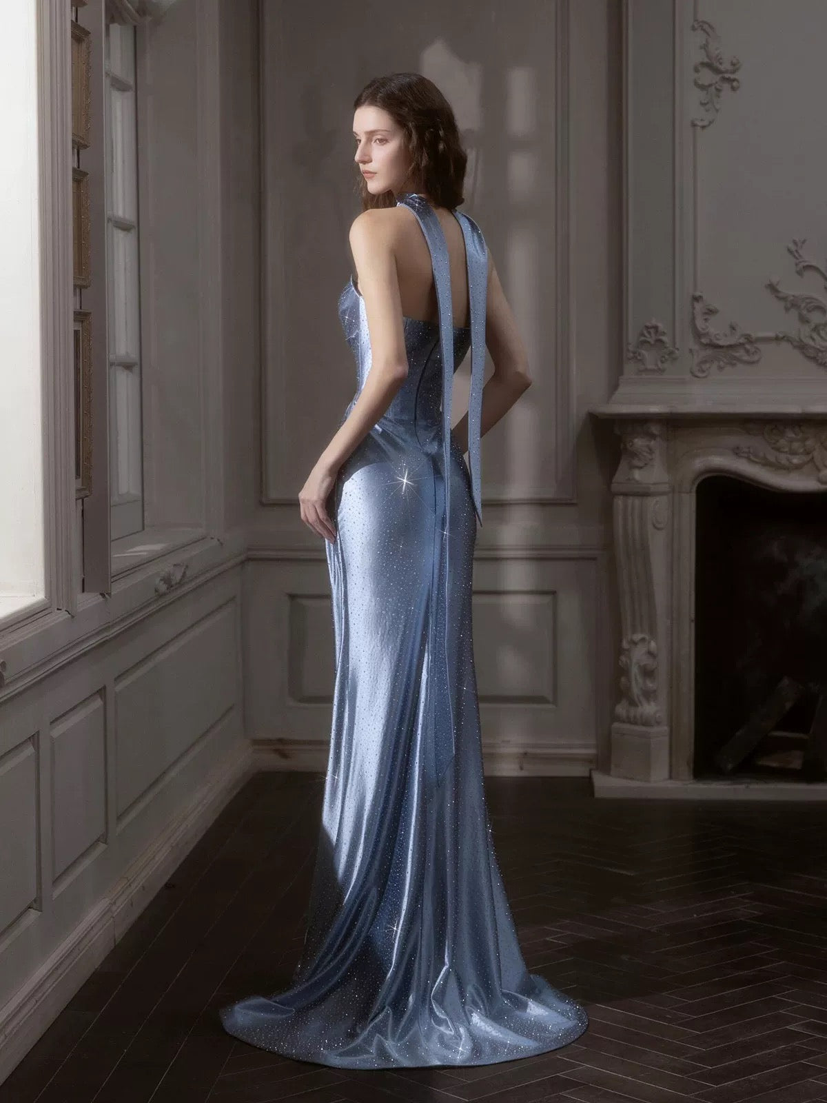 Sirène sexy bustier satin bleu poudré avec écharpe perles robe de soirée longue RB3733