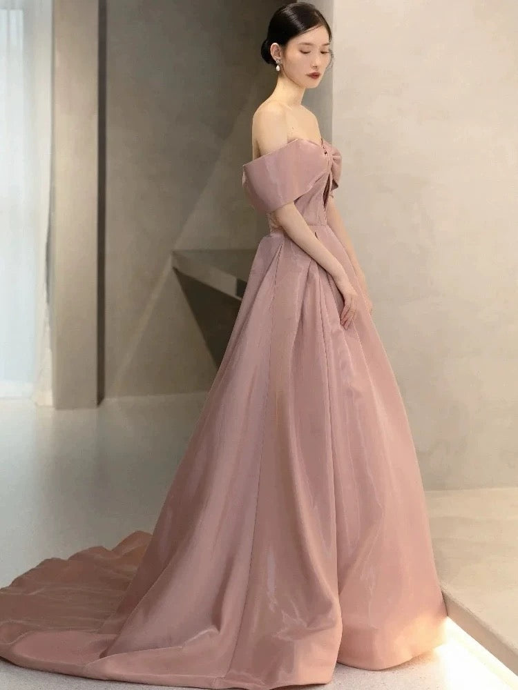 Elegante Abschlussballkleider Ballkleid Off-Shoulder Pink Satin Korsett Figurbetont Abend Lang Formelle Party Outfits RB3737