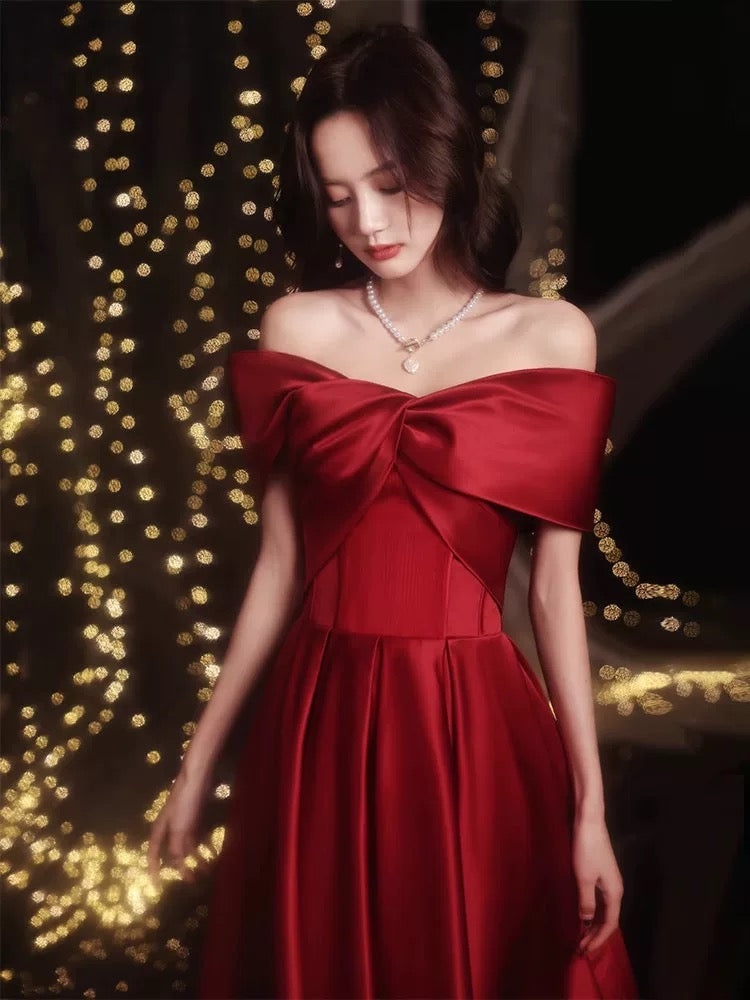 Maximalist A Line Off The Shoulder Satin Red With Sleeves Long Evening Dresses Inspo Evening Outfits RB5265