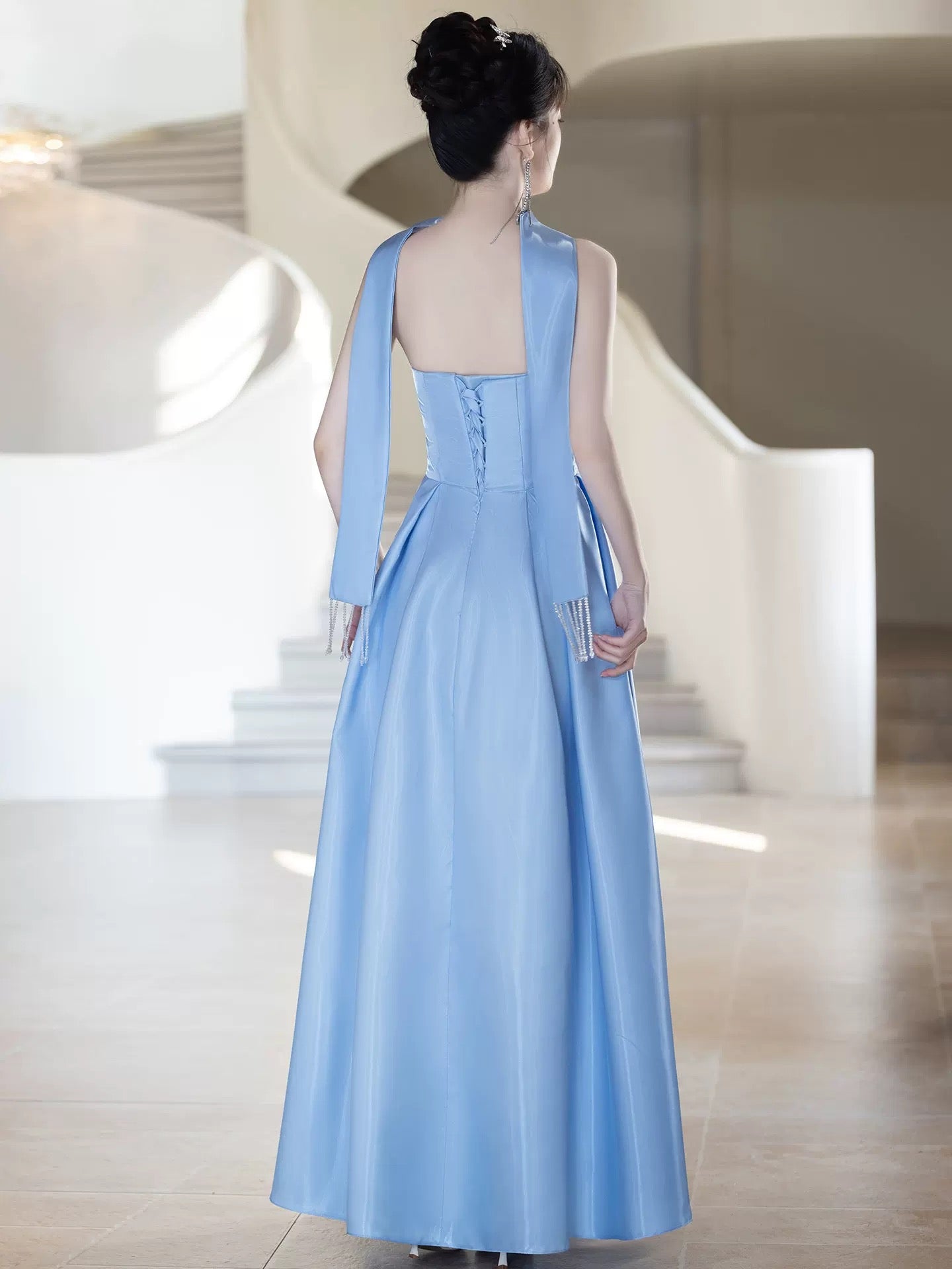 Unique A Line Sweetheart Blue Satin With Scarf Date Night Outfits Semi Formal Prom Wedding Guest Dresses RB5270