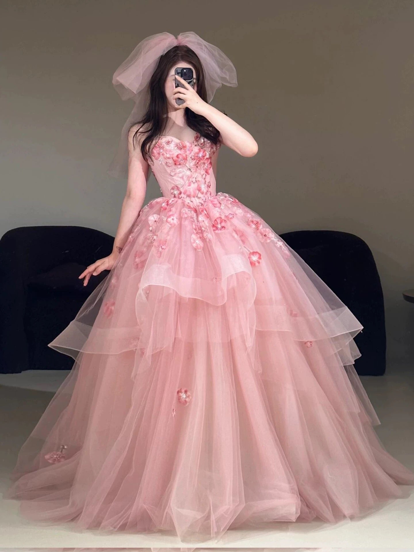 Cute Prom Dress Ball Gown Sweetheart Pink With Appliqued Long Quinceanera Dresses Sweet 16 Dress Formal Outfits RB5260