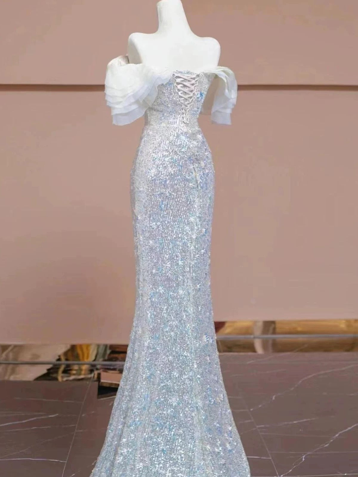 Elegant Prom Dresses Mermaid Off The Shoulder White Sequin Corset Fitted Evening Long Formal Party Outfits RB3728