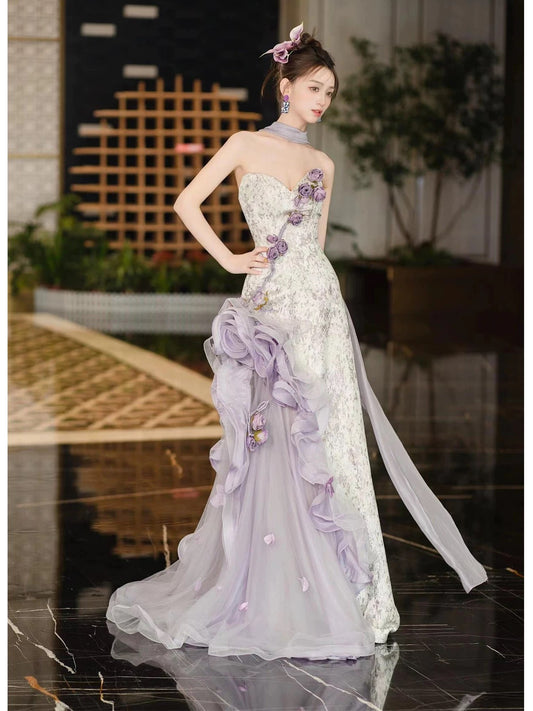 Trendy Mermaid Sweetheart Lilac With Flowers Sleeveless Scarf Evening Long Formal Party Outfits RB3746