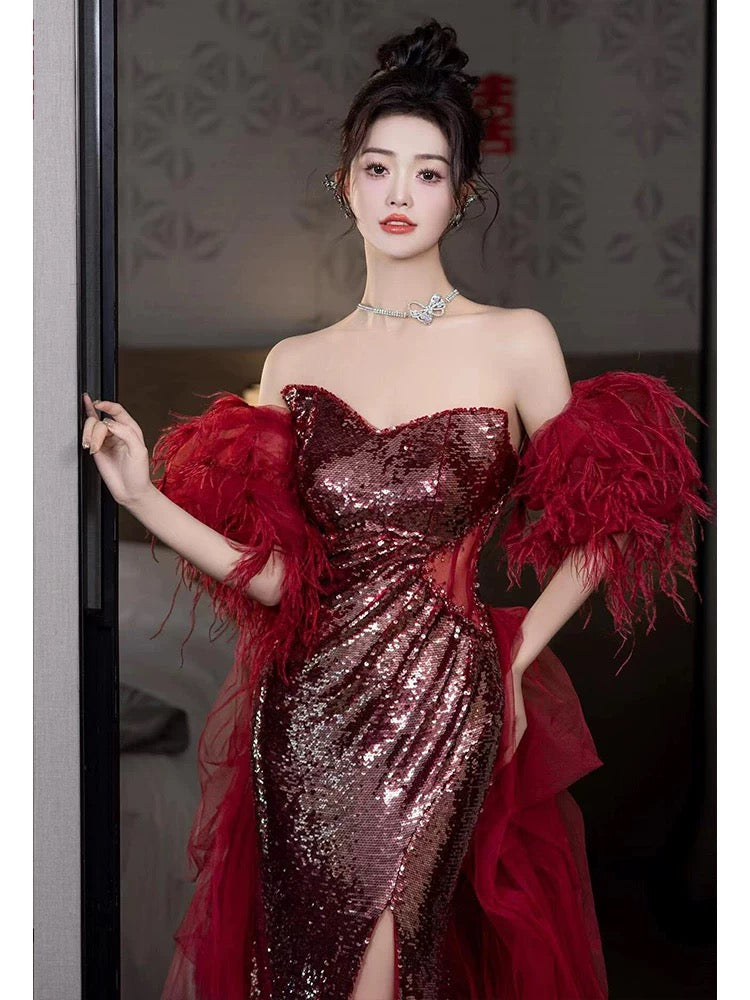 Robe de bal sirène sans bretelles à paillettes bordeaux fendue, tenue de soirée pour 18 ans, RB1781