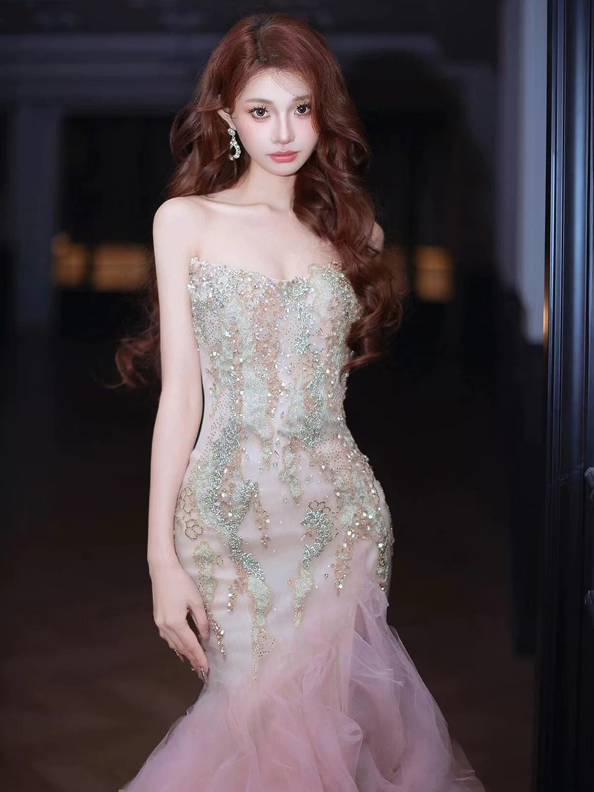 Trendy Meerjungfrau Rüschen Lang Formell Sweetheart Pink Korsett Ballkleider Abend Lang Formelle Party Outfits RB3756