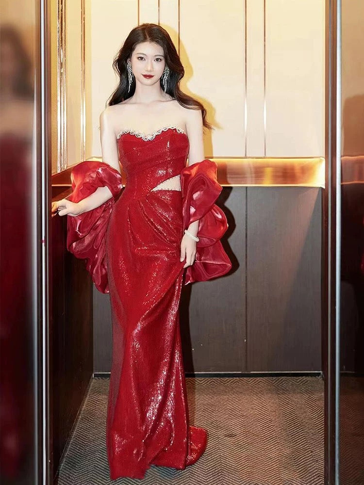 Sparkly Mermaid Sweetheart Red Sequin With Cape Long Date Night Evening Outfit Formal Prom Dresses RB5342