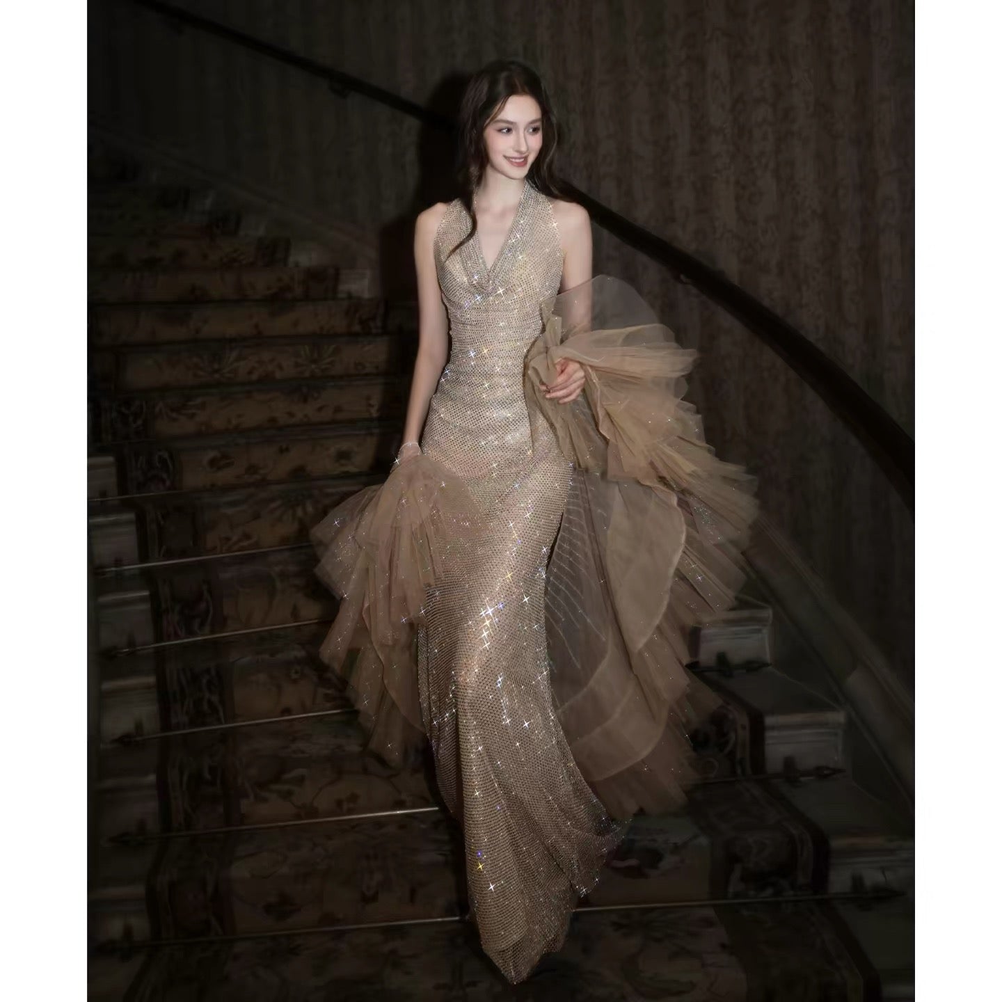 Sparkly Mermaid Halter Champagne Sequin With Cape Long Evening Dresses Inspo Evening Outfits RB5172