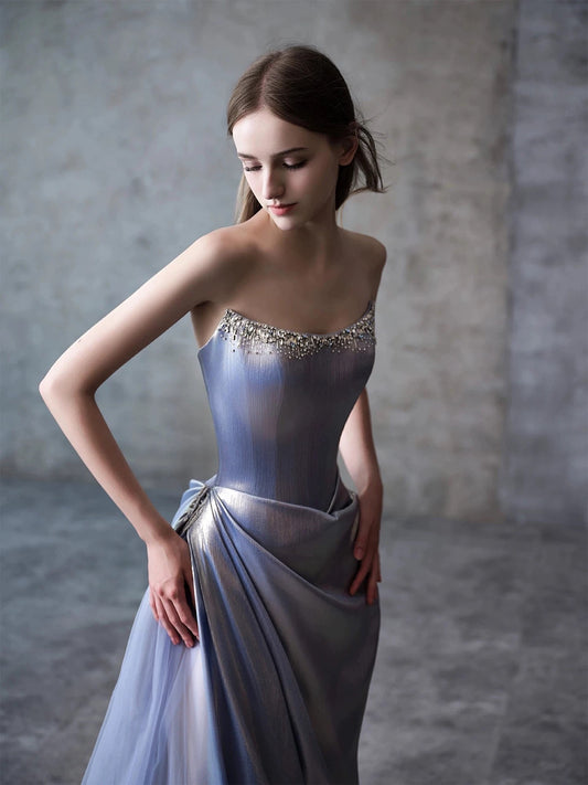 Modest Mermaid Strapless Dusty Blue Satin Tulle With Beads Date Night Evening Outfit Formal Prom Dresses RB5352