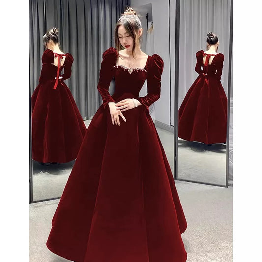 Cute Ball Gown Square Neck Burgundy Velvet Long Prom Gown Party Wear Fashion Evening Dresses N1804