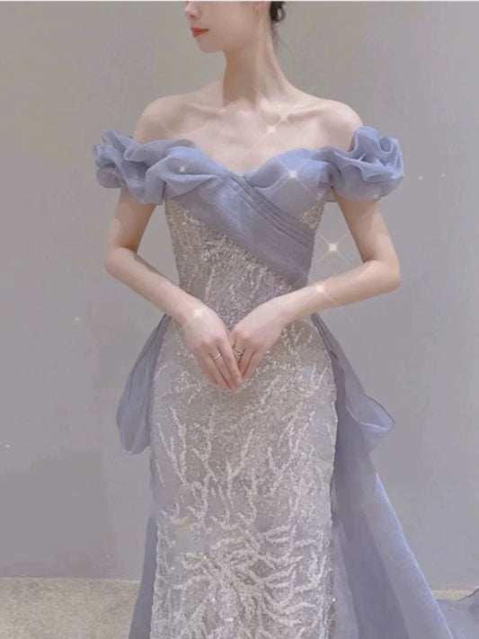 Sexy Evening Dresses Women Mermaid Off The Shoulder Lilac Sequins With Sleeves Long Prom Gown Party Wear Fashion Dresses N1811