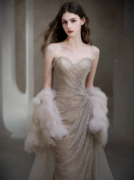 Sexy Evening Dresses Women Mermaid Spaghetti Straps Champagne Long Prom Gown Party Wear Fashion Dresses N1813