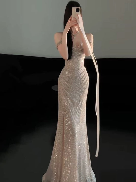 Sexy Evening Dresses Women Mermaid Off The Shoulder Champagne Sequins With Sleeves Long Prom Gown Party Wear Fashion Dresses N1814