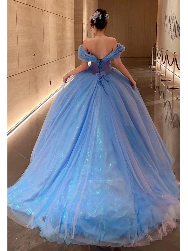 Robe de bal mignonne à épaules dénudées en tulle bleu, robe de quinceañera longue, taille 15, Vestidos De Fiesta N1815