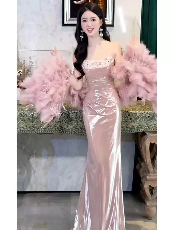 Sexy Abendkleider für Damen, Meerjungfrauen-Stil, Spaghettiträger, rosa, langes Ballkleid, Partykleid, Modekleid N1817