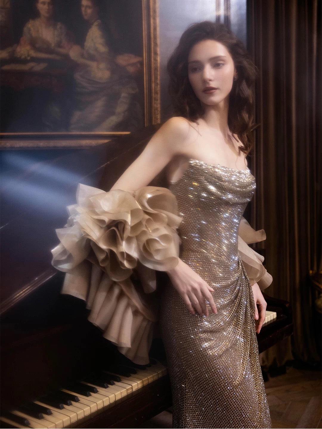 Sexy Abendkleider für Damen, Meerjungfrauen-Stil, trägerlos, champagnerfarben, mit Schlitz, langes Ballkleid, Partykleid, Modekleid N1819