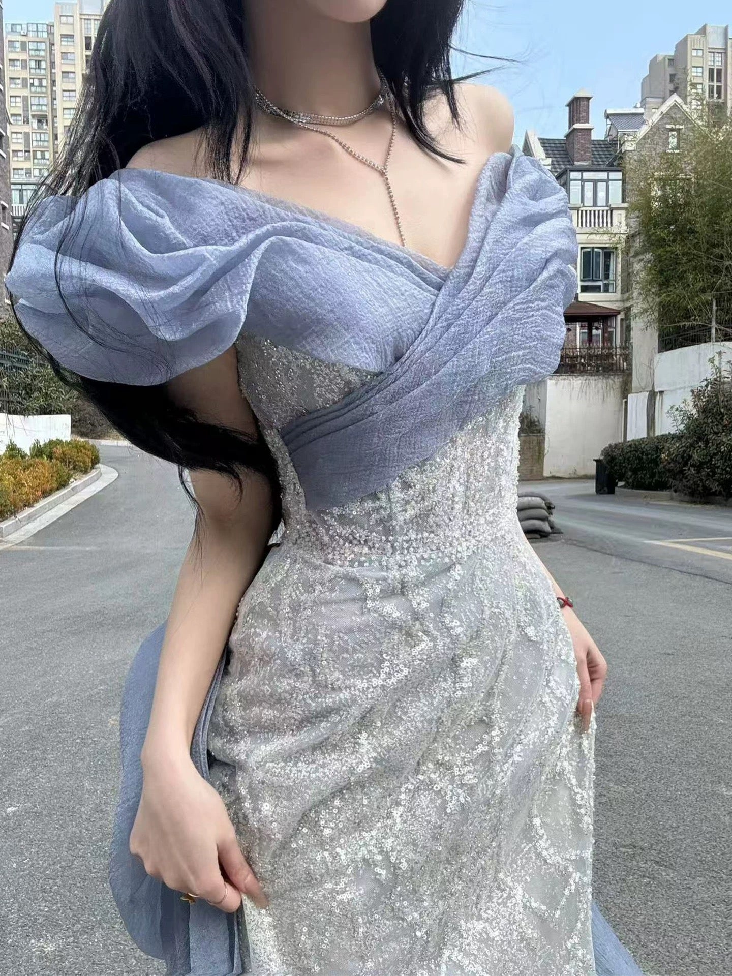 Sexy Abendkleider für Damen, Meerjungfrauen-Schnitt, schulterfrei, lila Pailletten, langes Ballkleid, Partykleid, Modekleid N1811