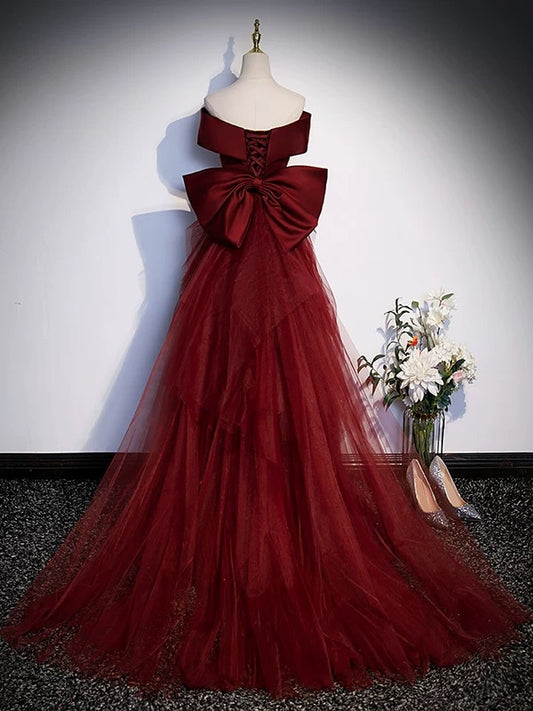 Sexy Damen Meerjungfrau schulterfrei Burgunder Satin Lange Ballkleid Partykleid Modekleider N2047