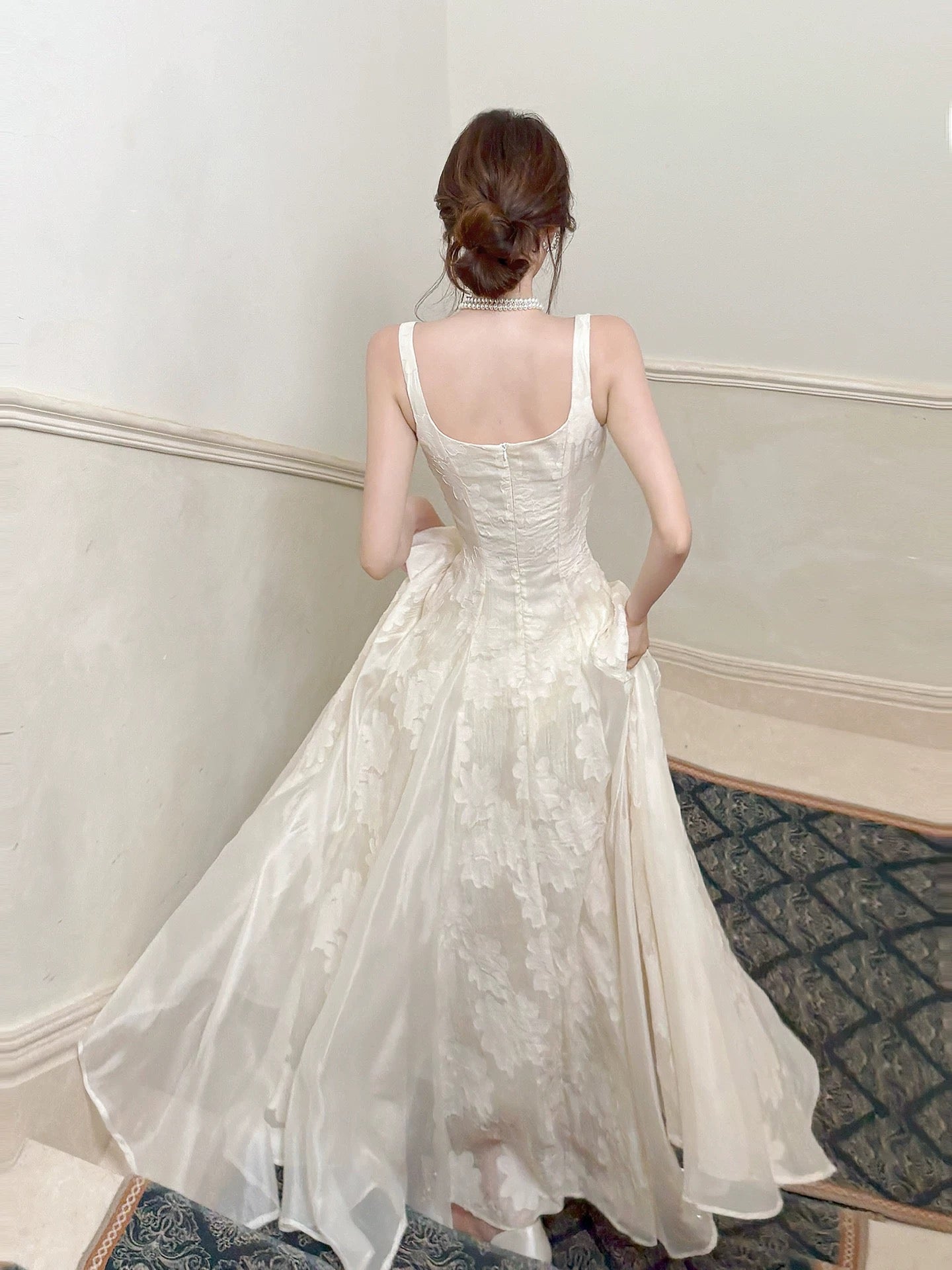 Prinzessin A-Linie, eckiger Ausschnitt, Champagner Spitze, Inspiration, langes Hochzeitsgastkleid N2057