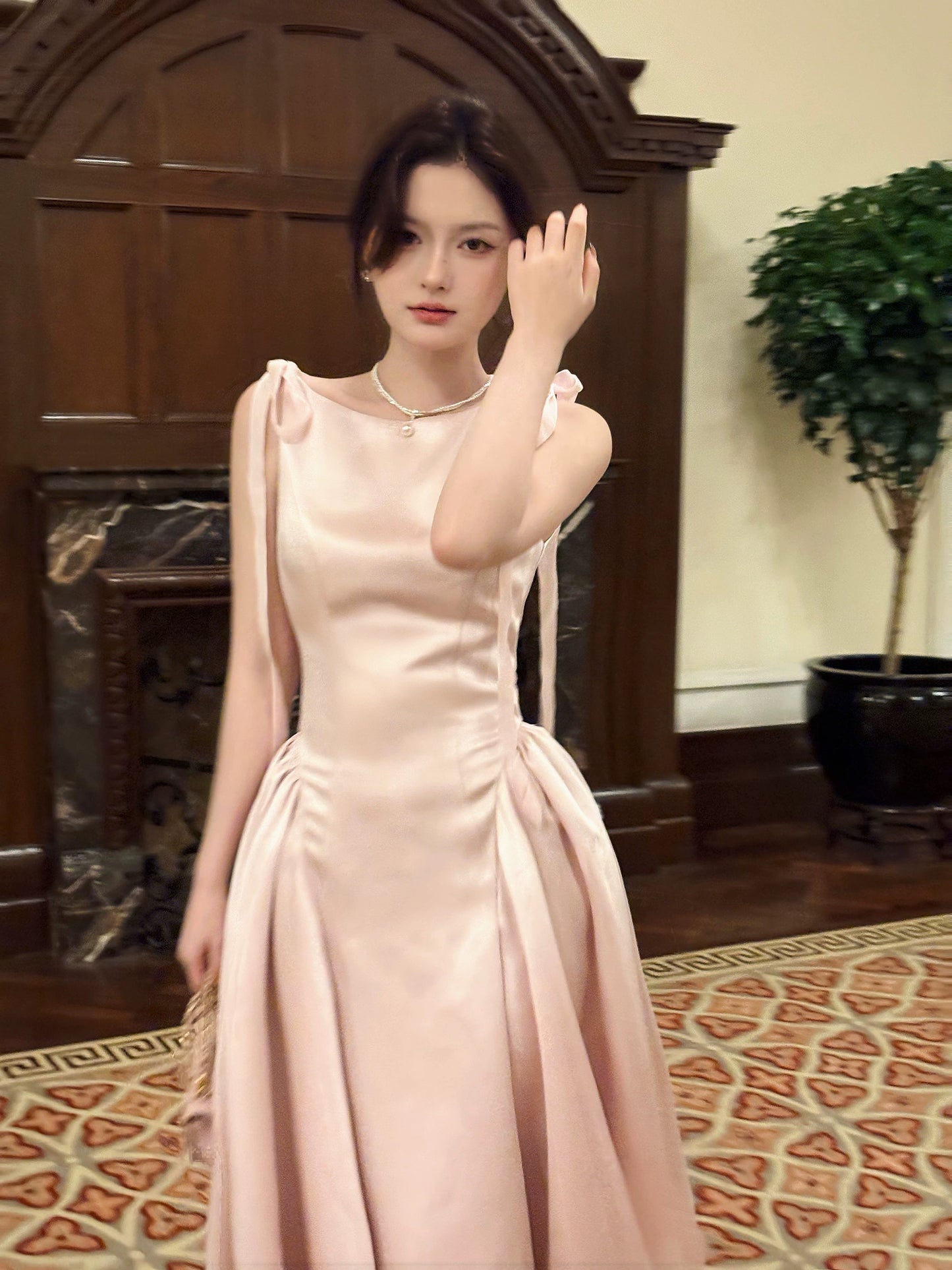 Französischer Stil Einfaches A-Linien-Kleid aus rosa Satin, inspiriert von langen Abschlussball- und Hochzeitsgästekleidern N2064