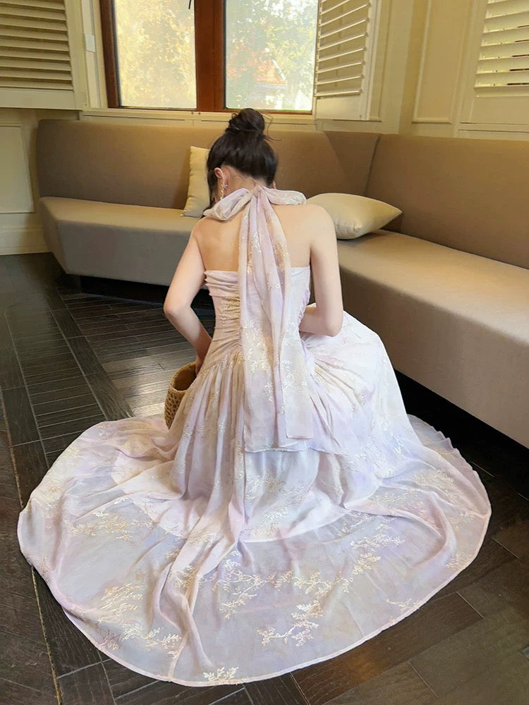 Robes de soirée longues pour femmes en mousseline de soie lilas style français modeste coupe trapèze à col halter N2069