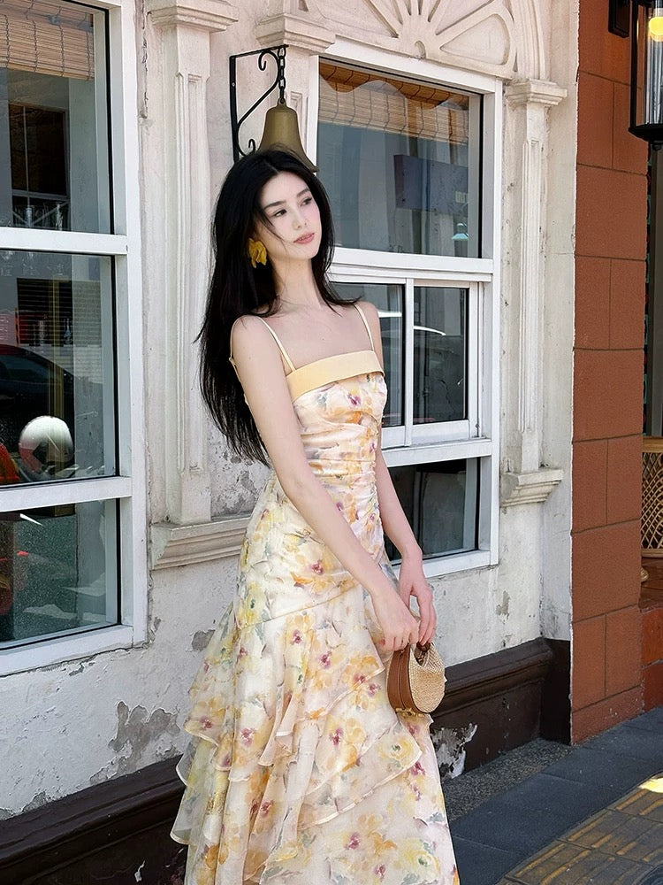 Bescheidener Meerjungfrauen-Abendkleid im französischen Stil mit Spaghettiträgern, gelb geblümt, Chiffon, elegant, für Damen, lange formelle Outfits, Ballkleider N2078