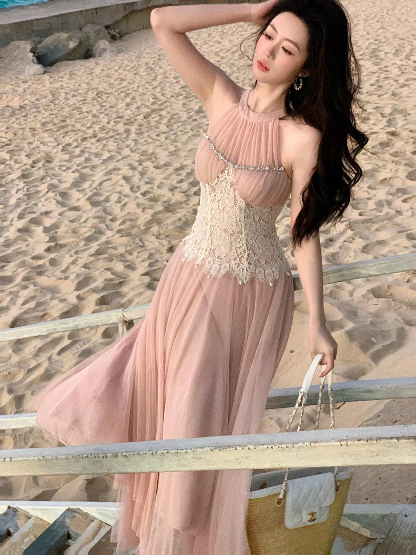 Simple A Line Scoop Pink Chiffon Lace Inspiration Long Wedding Party Guest Dresses N2081