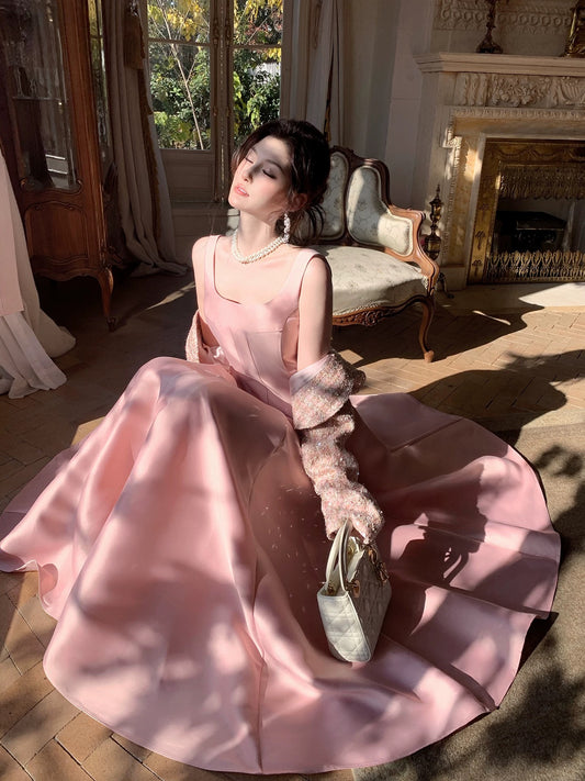Simple A line Square Neck Satin Pink Inspiration Long Wedding Party Prom Guest Dresses N2097