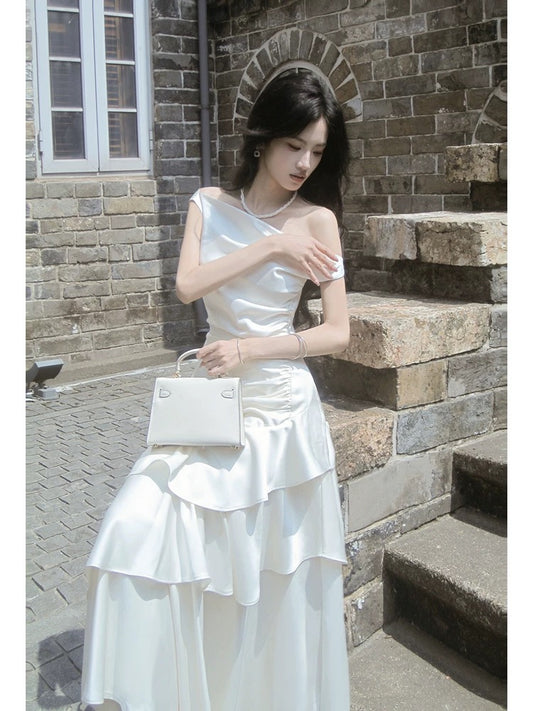 Classy Mermaid White Off The Shoulder Ruffles Satin For Women Girls Teens Prom Dresses N2184