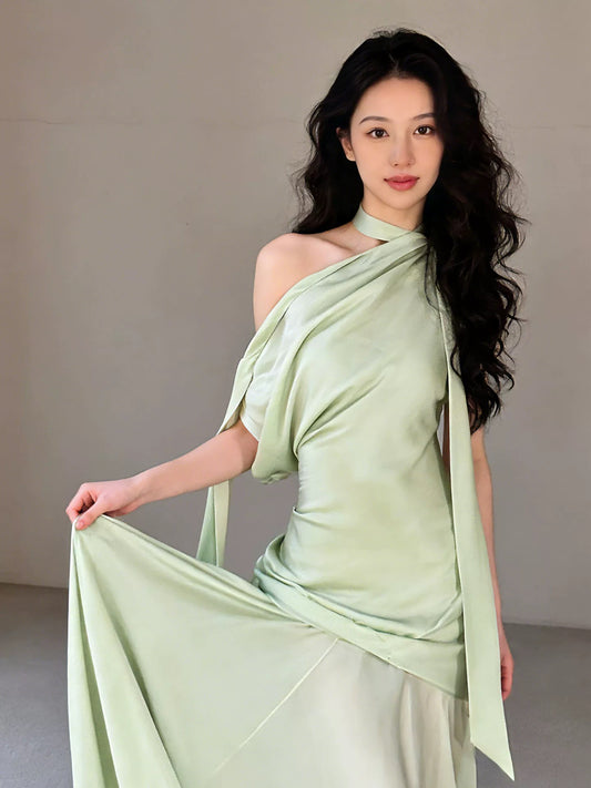 Classic Mermaid One Shoulder Sage Green Satin Inspiration Long Wedding Guest Dresses N1673