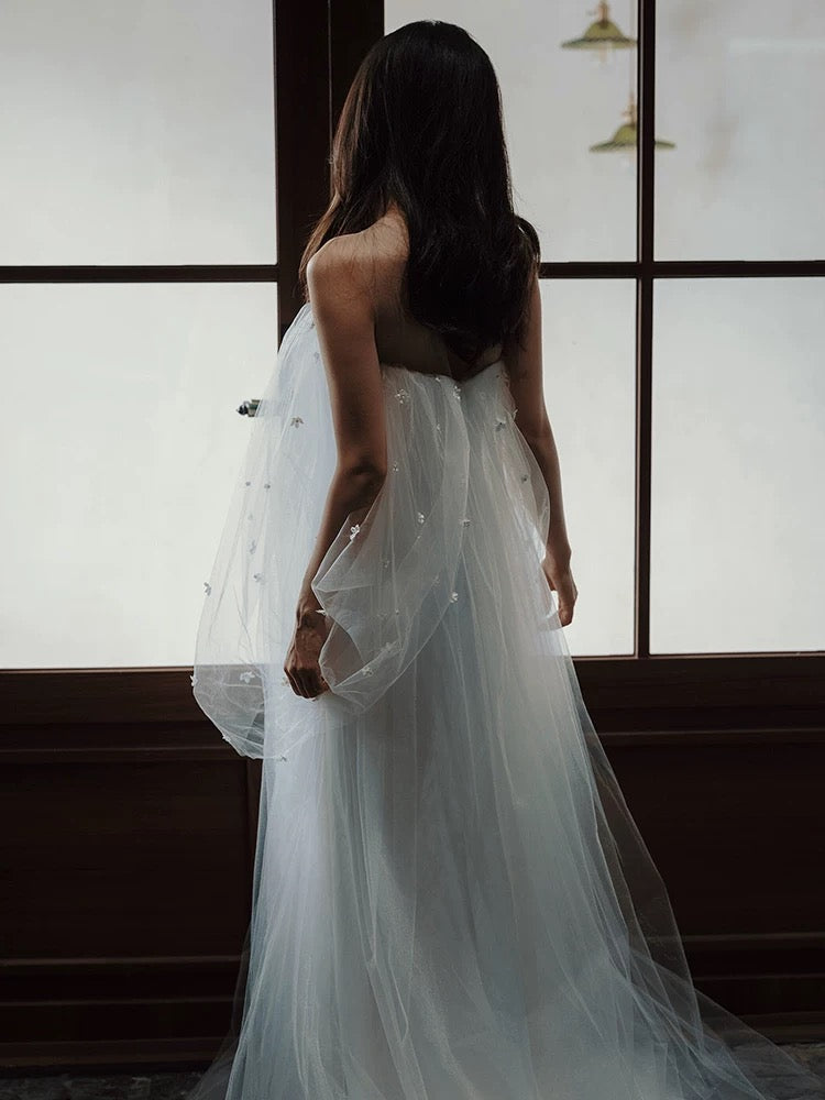 Robe de mariée féerique, style A, épaules dénudées, en tulle à manches longues, référence N1681