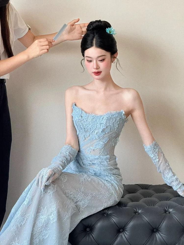 Wunderschönes Meerjungfrauen-Kleid aus blauer Spitze mit herzförmigem Ausschnitt und Handschuhen für Highschool-Schülerinnen, Teenager, Abschlussballkleider, Abschlusskleid N1689