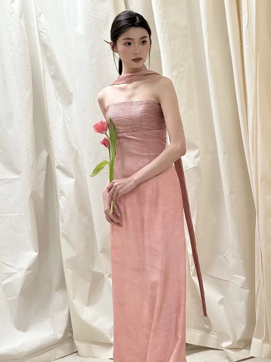 Classic A line Strapless Pink Satin With Ruffles Scarf Inspiration Long Wedding Guest Dresses N1690
