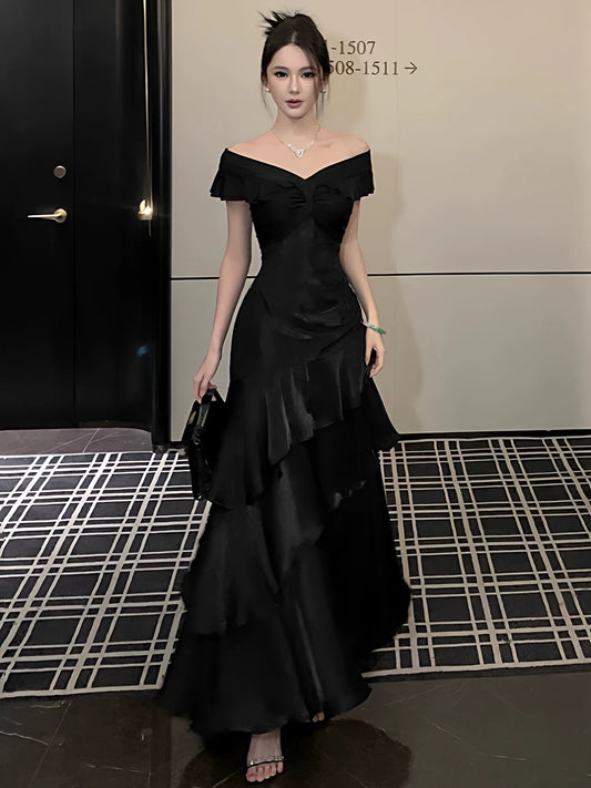 Elegant Mermaid Off The Shoulder Black With Short Sleeves Prom Dresses Long Evening Outfits N3145