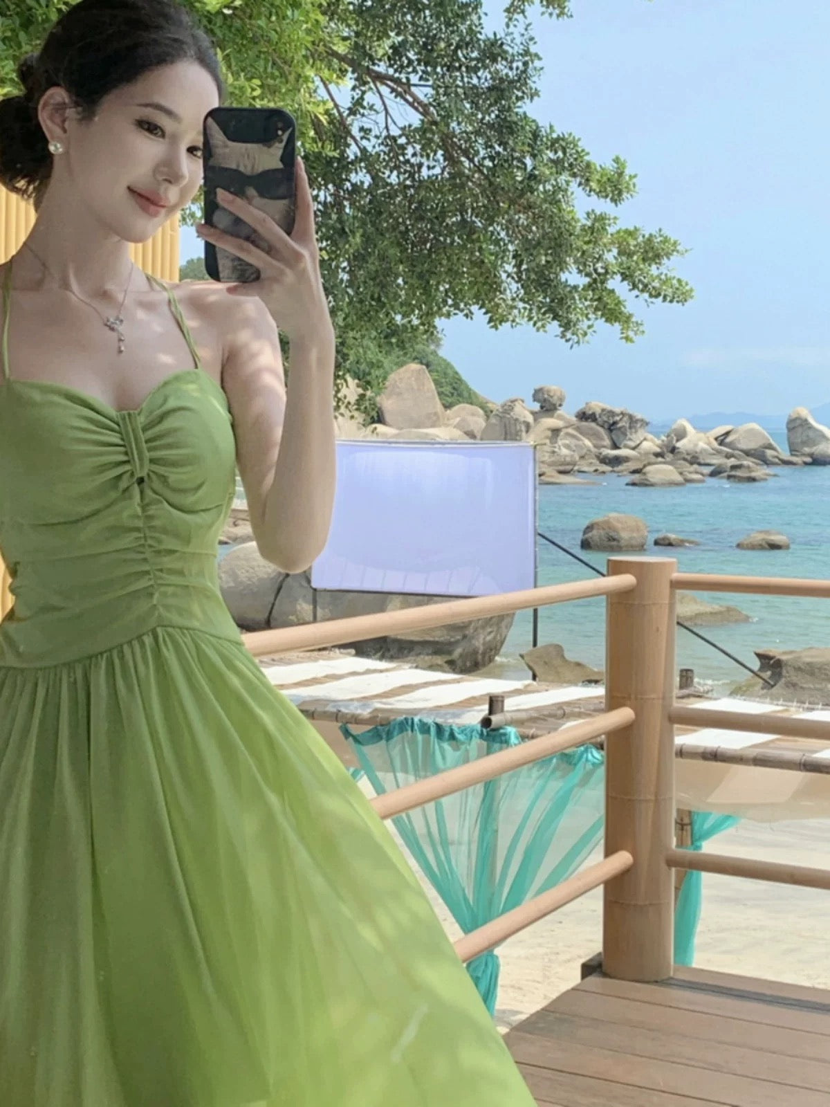 Modest A line Halter Green Chiffon Ideas For Women Long Birthday Dresses Beach Holiday Summer Outfits N3147