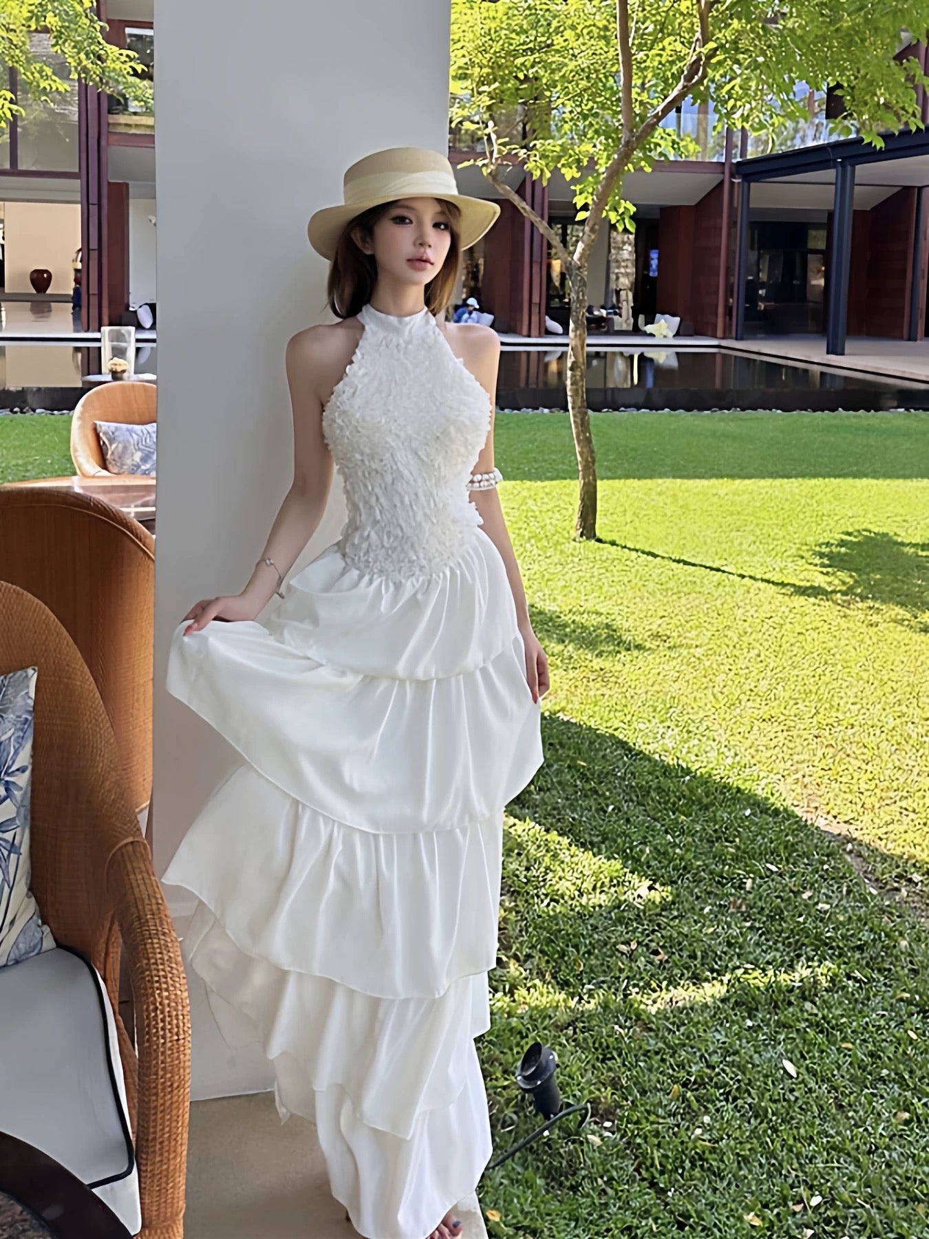 Sexy A line High Neck White Lace Chiffon Long Date Night 19th Birthday Outfits Formal Prom Dresses RB5725