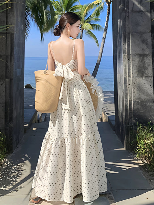 Modest A line Spaghetti Strap Polka Dots Chiffon Beach Holiday Outfits Long Date Night 19th Birthday Outfit Formal Dresses RB5730