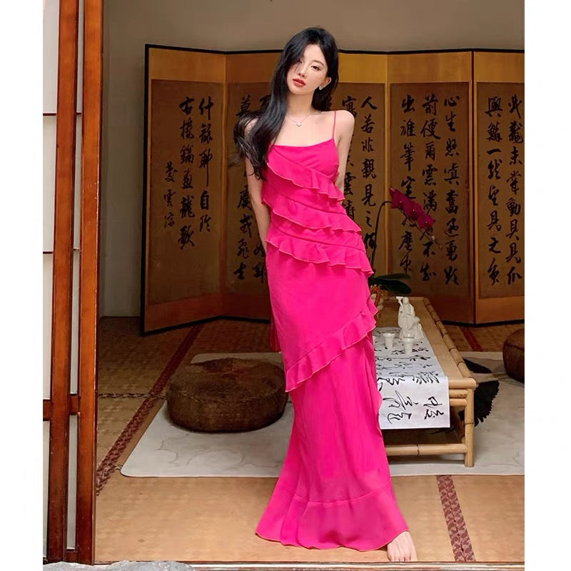 Mystical Mermaid Spaghetti Strap Red Chiffon Sleeveless Date Night Outfits Formal Prom Gown 19th Birthday Dresses RB5690