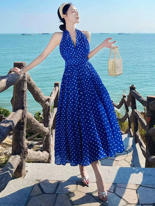 Sexy A line Halter Royal Blue Polka Dots Midi Length Date Night Birthday Outfits Formal Prom Dresses RB5694