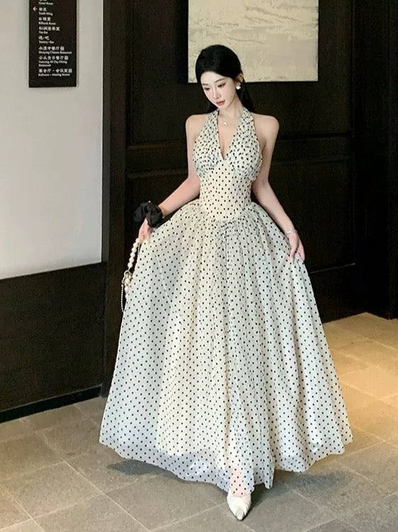 French Style A line Halter Black Polka Dots Chiffon Date With Ruffled Night Evening Outfit Formal Prom Dresses RB5373