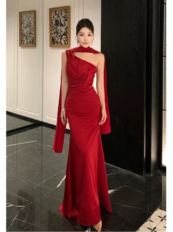 Sexy Mermaid One Shoulder Red With Ruffled Scarf Date Night Outfits Semi Formal Prom Wedding Guest Dresses RB5377