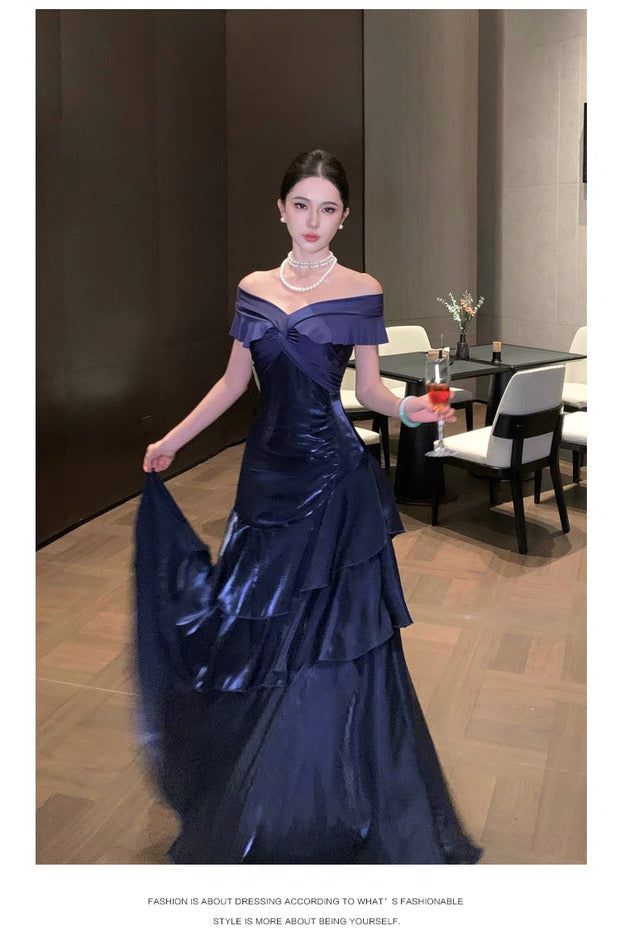 French Style Mermaid Off The Shoulder Navy Blue Date With Ruffled Night Evening Outfit Formal Prom Dresses RB5380