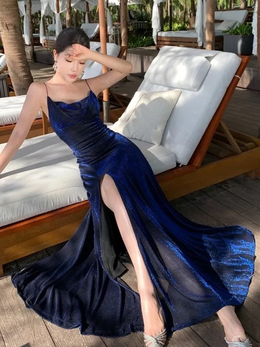 Modest Mermaid Spaghetti Strap Navy Blue Sequin With Slit Long Date Night Outfits Semi Formal Prom Wedding Guest Dresses RB5385