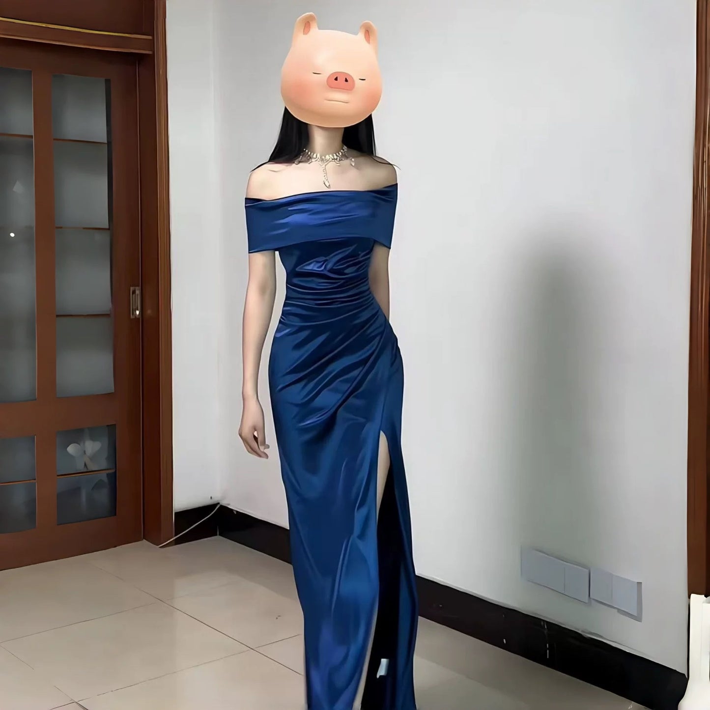 French Style Mermaid Off The Shoulder Navy Blue Date With Slit Night Evening Outfit Formal Prom Dresses RB5405