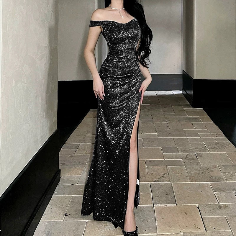 Sexy Mermaid Off The Shoulder Navy Blue With Split Date Night Outfits Long Formal Evening Wedding Guest Dress RB5408