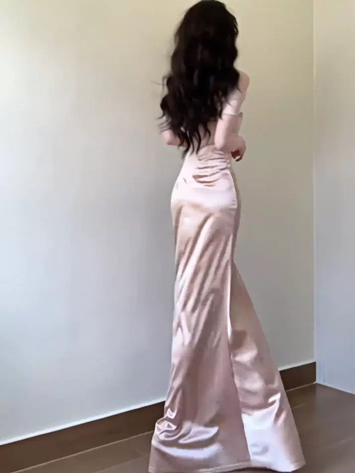 Stunning Mermaid Off The Shoulder Pink Satin Date With Ruffled Night Evening Outfit Formal Prom Dresses RB5411