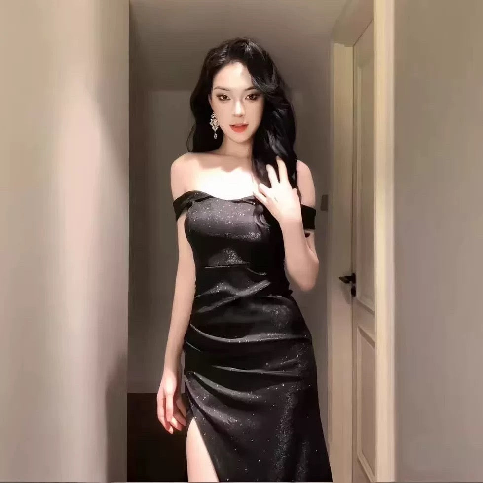 Simple Mermaid Off The Shoulder Black Slit Sequin Date Floor Length Night Evening Outfit Formal Prom Dresses RB5639