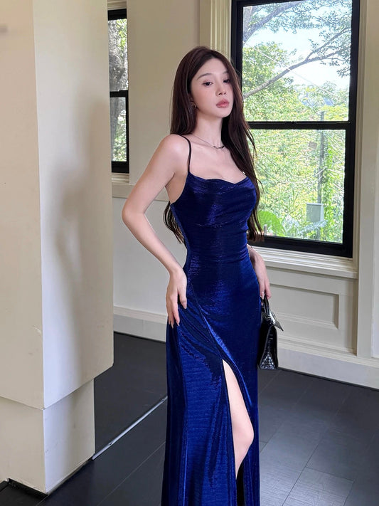 Classy Mermaid Spaghetti Strap Royal Blue With Split Date Night Outfits Floor Length Formal Prom Gown Birthday Dresses RB5642