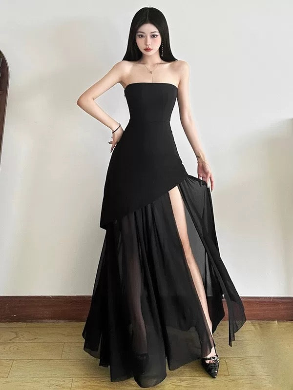 Classy A line Strapless Red Chiffon With Slit Date Night Evening Outfit Formal Prom Dresses RB5430
