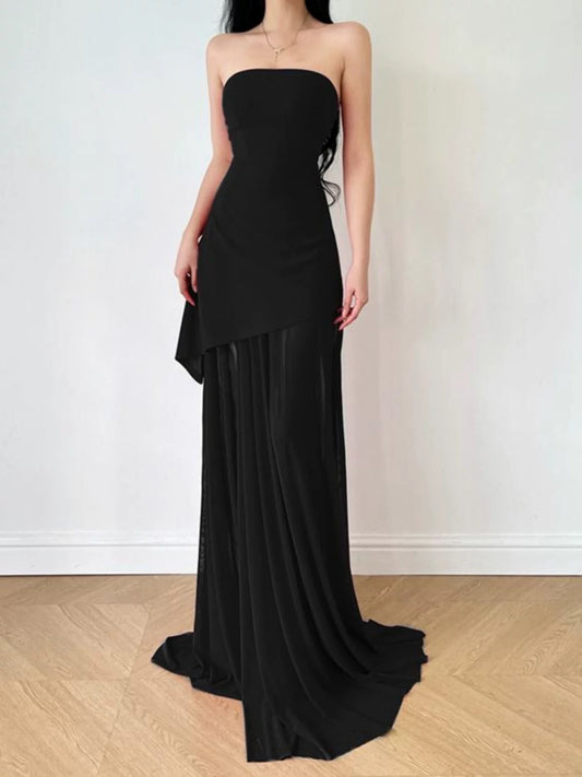 Simple A Line Strapless Black Chiffon With Ruffle Slit Date Floor Length Night Birthday Outfit Formal Prom Dresses RB5463